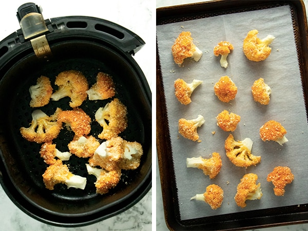 image collage of buffalo cauliflower in an air fryer basket and on a baking sheet