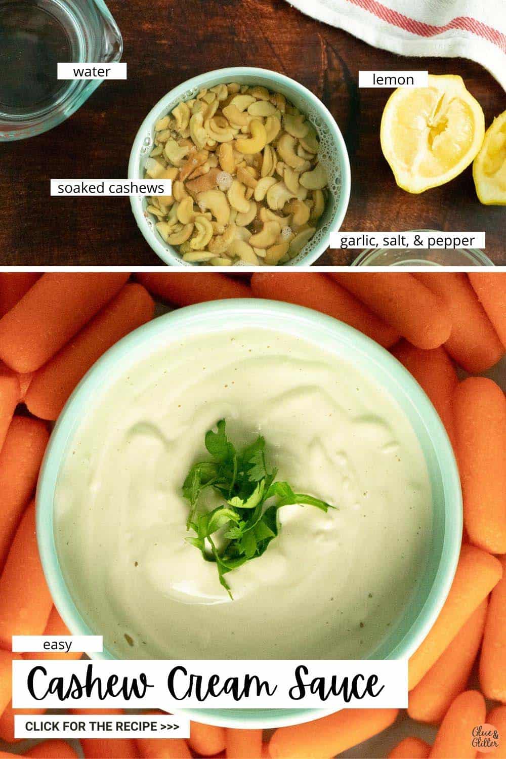 image collage of cashew cream ingredients and a bowl of the finished cashew cream