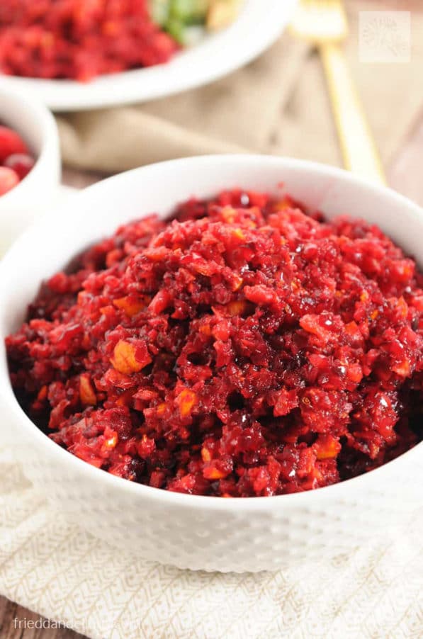 white bowl of cranberry relish on a table