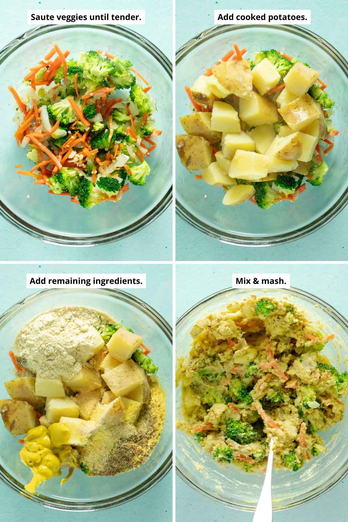 image collage showing the cooked veggies in a mixing bowl, then the cooked potatoes added, then the remaining ingredients before and after mashing into potato cake dough