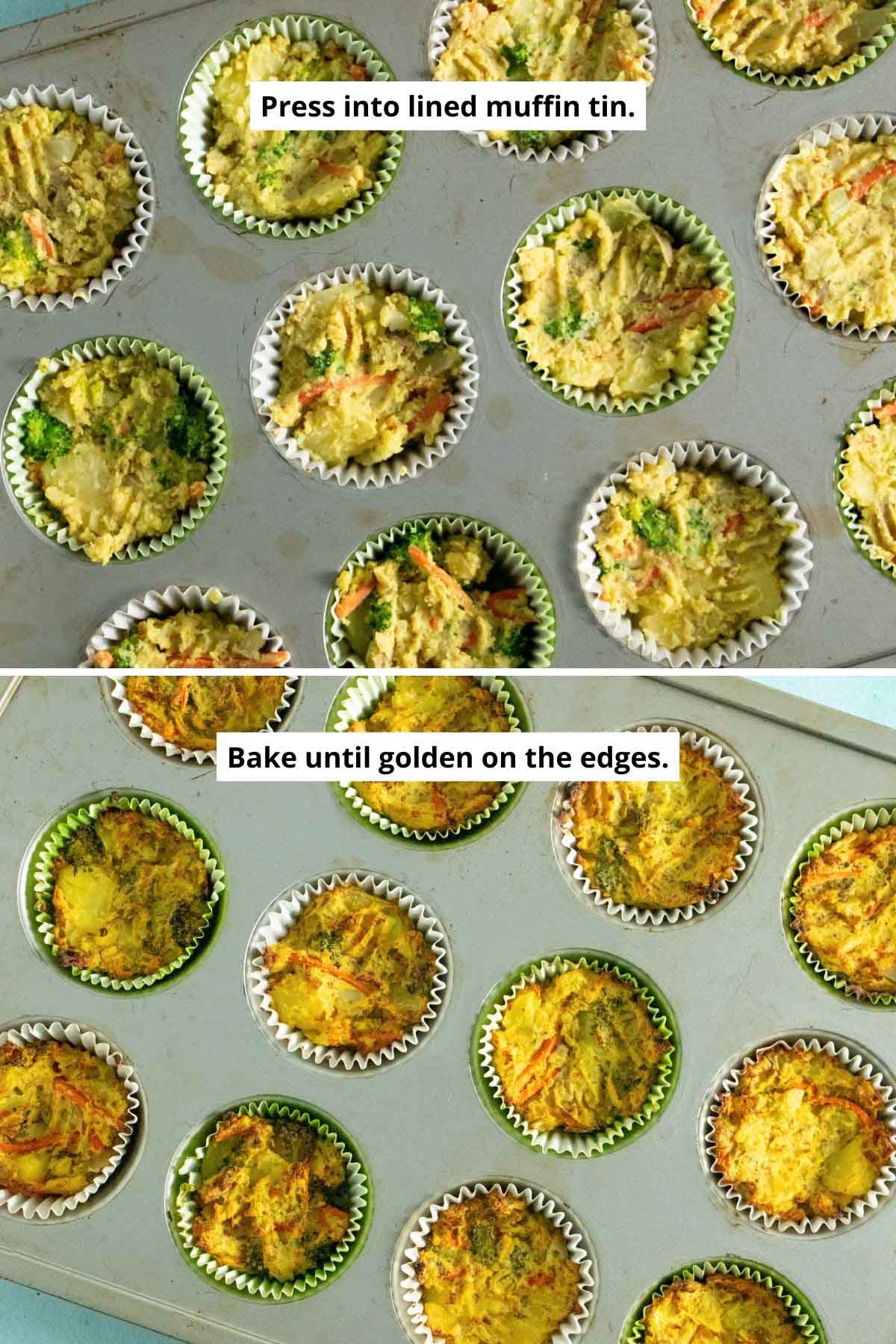 image collage showing veggie potato cakes in the muffin tin before and after baking