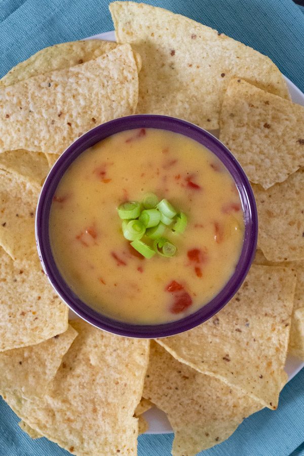 bowl of vegan queso with green onions on top, surrounded by chips for dipping