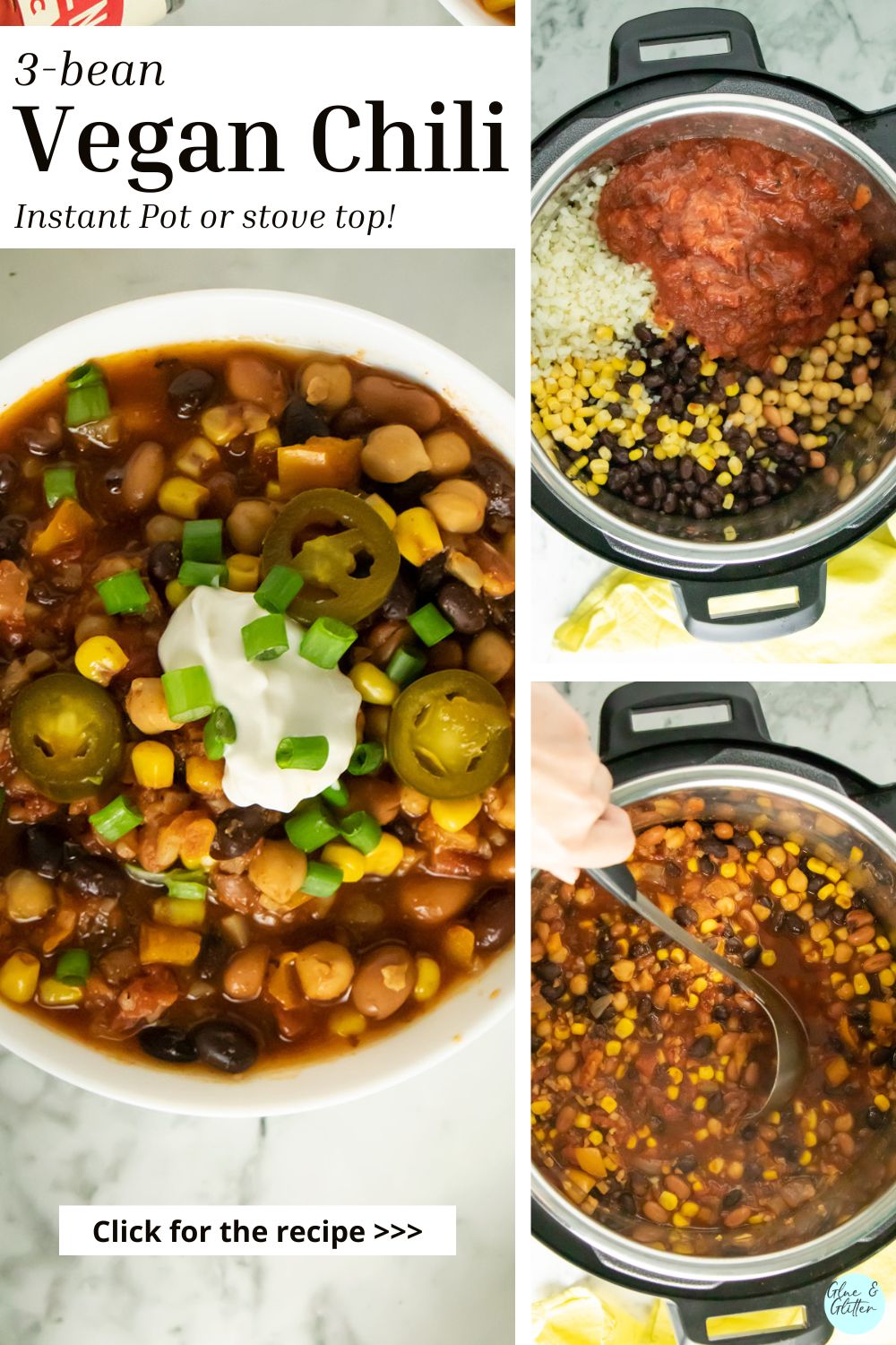 image collage showing the vegan bean chili in a bowl, the ingredients in the Instant Pot, and the cooked chili in the pot