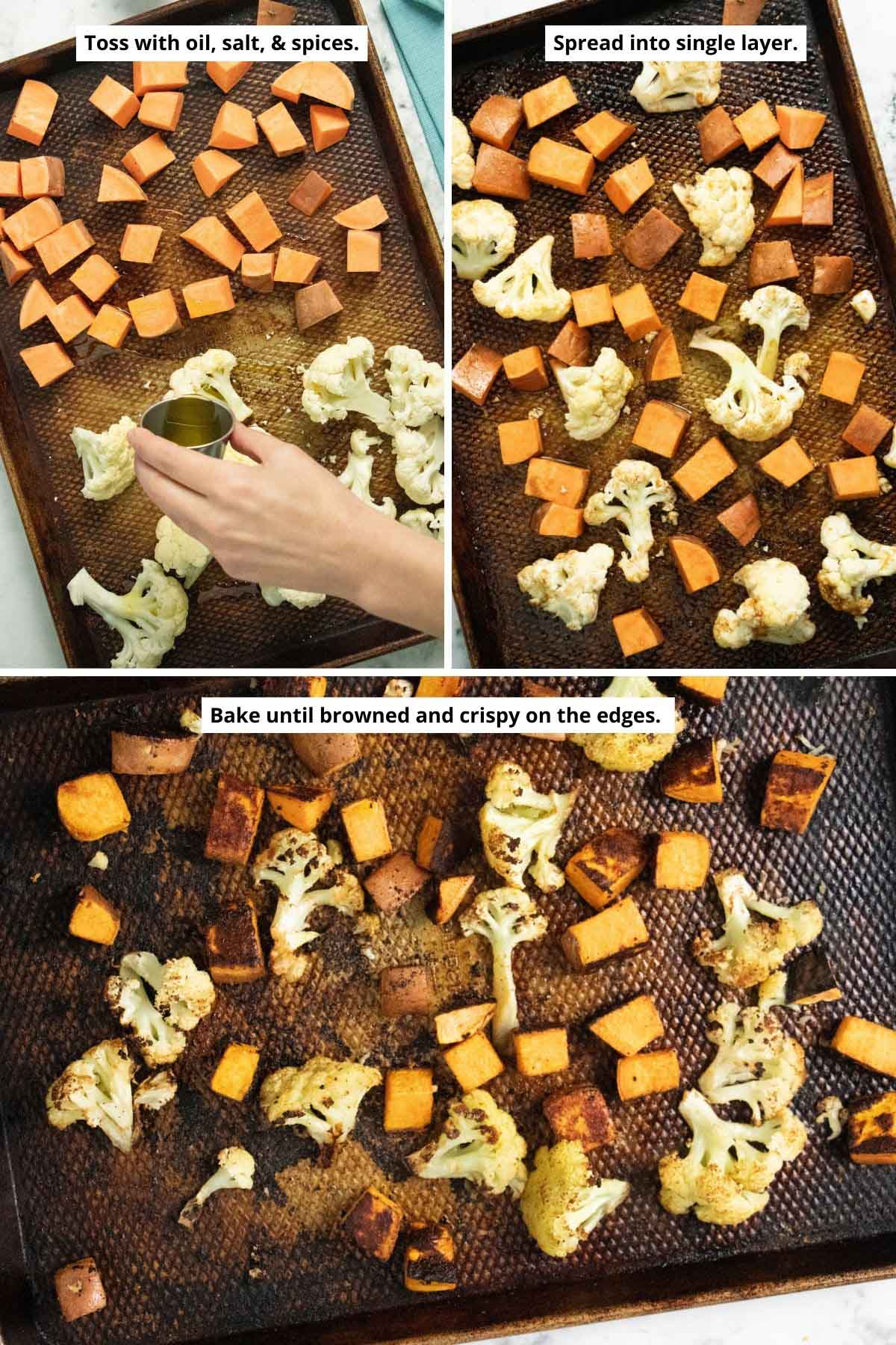 image collage showing the veggies on the sheet pan before and after adding the ingredients and after roasting in the oven