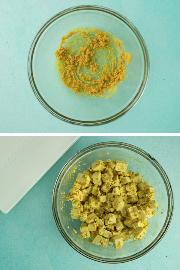 image collage showing a glass bowl of the nutritional yeast coating and the tofu after tossing with the coating