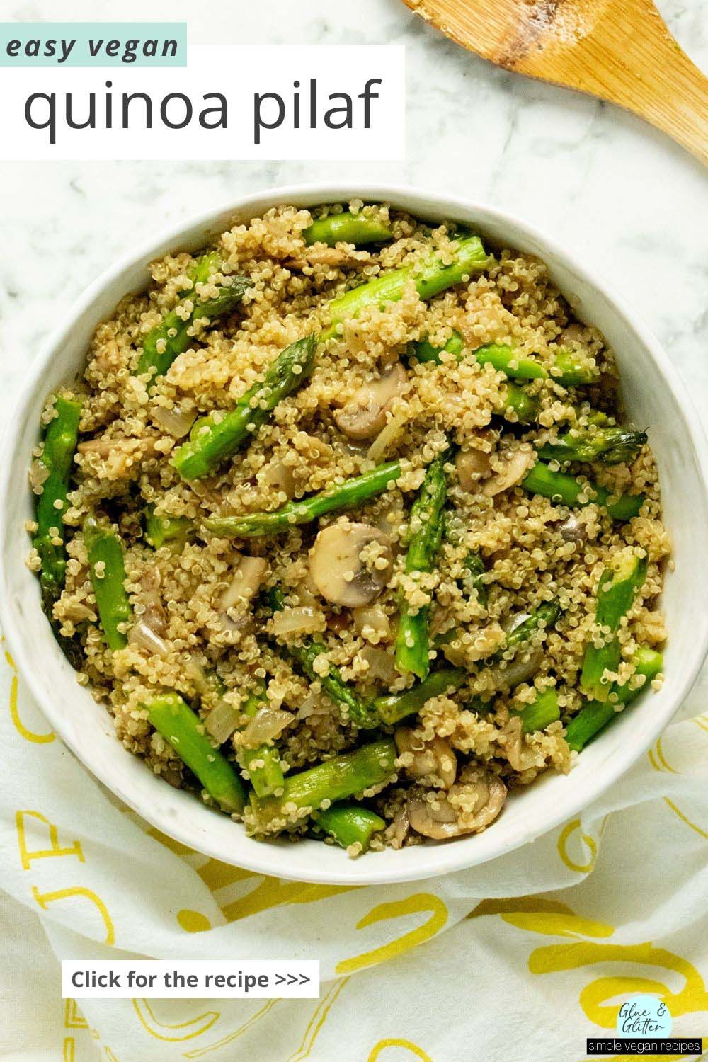 bowl of quinoa pilaf with mushrooms and asparagus, text overlay