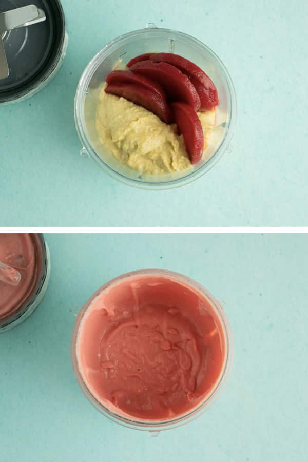 image collage showing hummus and beet slices in the blender before and after blending