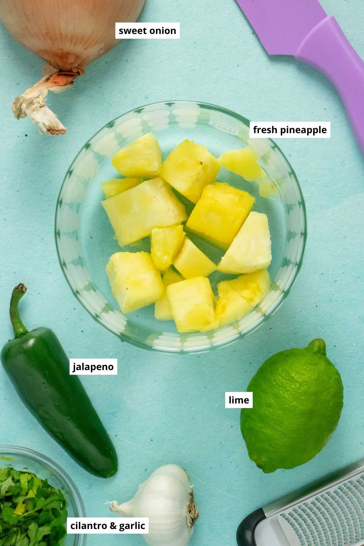 pineapple, jalapeño, lime, garlic, cilantro, and onion on a blue table with text labels on each ingredient