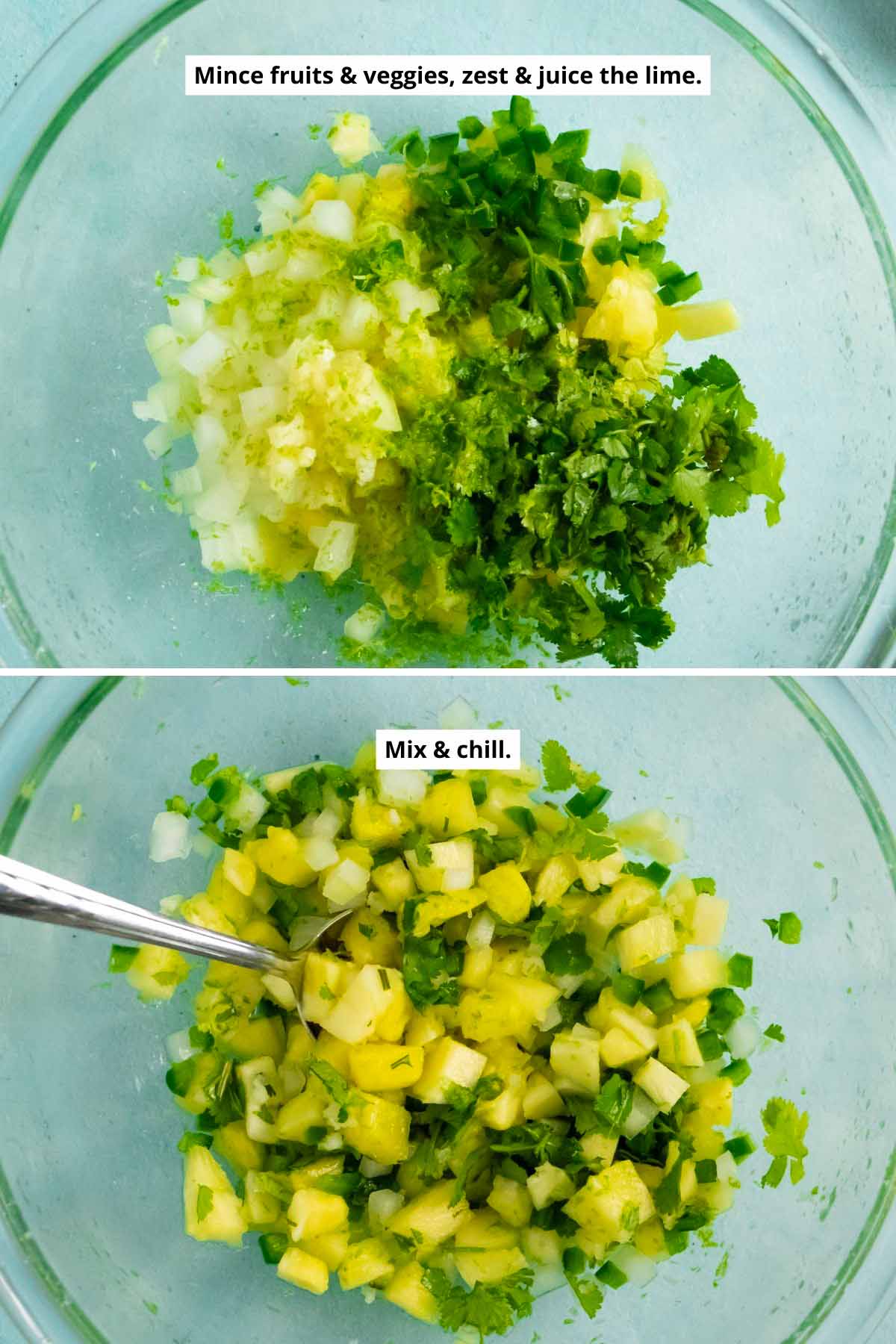 image collage showing the prepped ingredients in the mixing bowl before and after mixing together