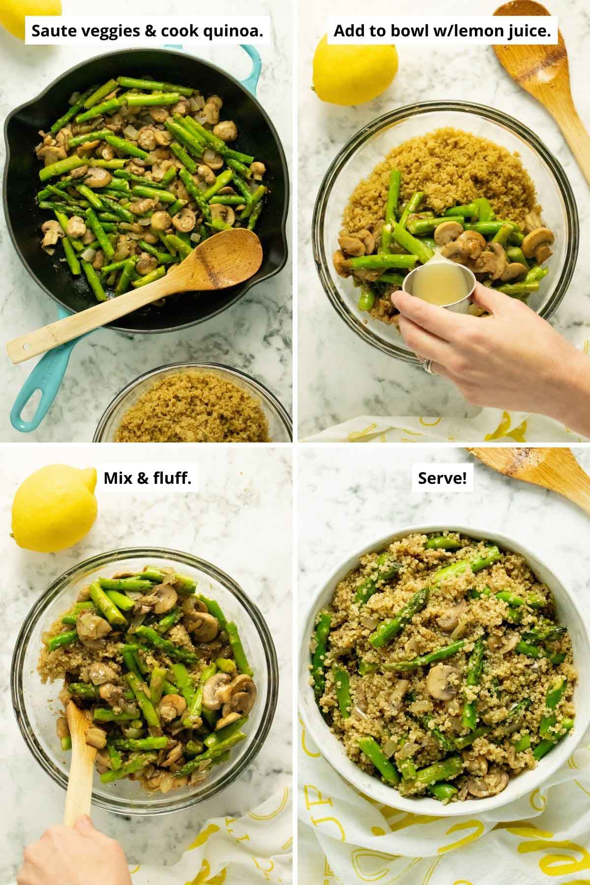 image collage showing the cooked veggies in the pan, adding lemon juice to veggies and quinoa, mixing it up, and the finished dish in a serving bowl