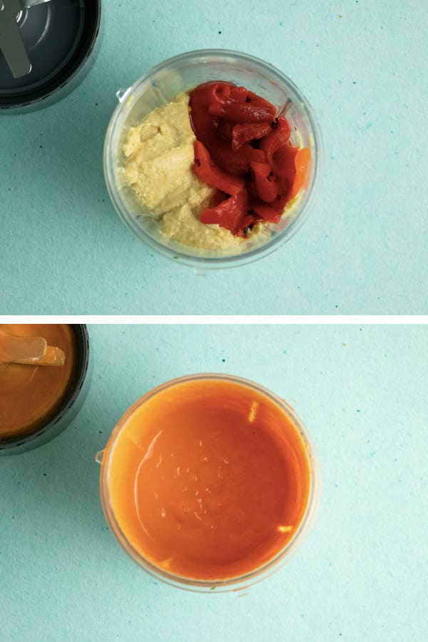 image collage showing hummus and red pepper in the blender before and after blending