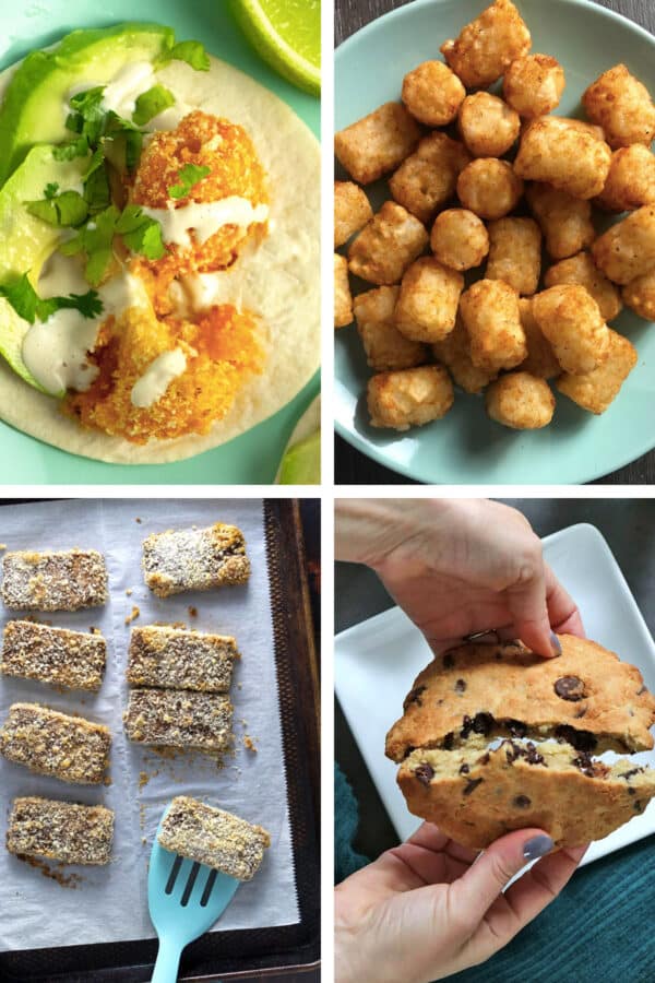 image collage: cauliflower taco, tater tots, crunchy tofu, and a cookie