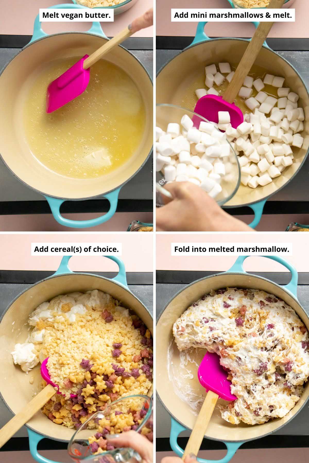 image collage showing melting butter, adding marshmallows, and adding cereal before and after mixing