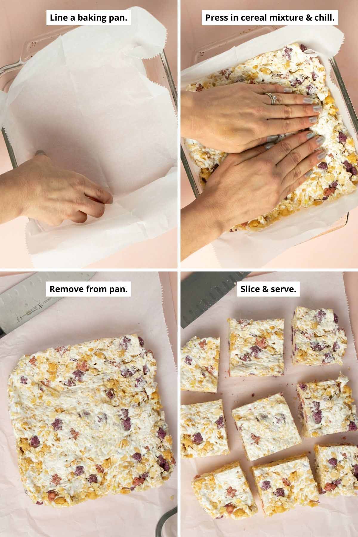 image collage showing pan lined with parchment paper, pressing in the vegan rice crispy treats, and the vegan marshmallow treats after chilling before and after slicing