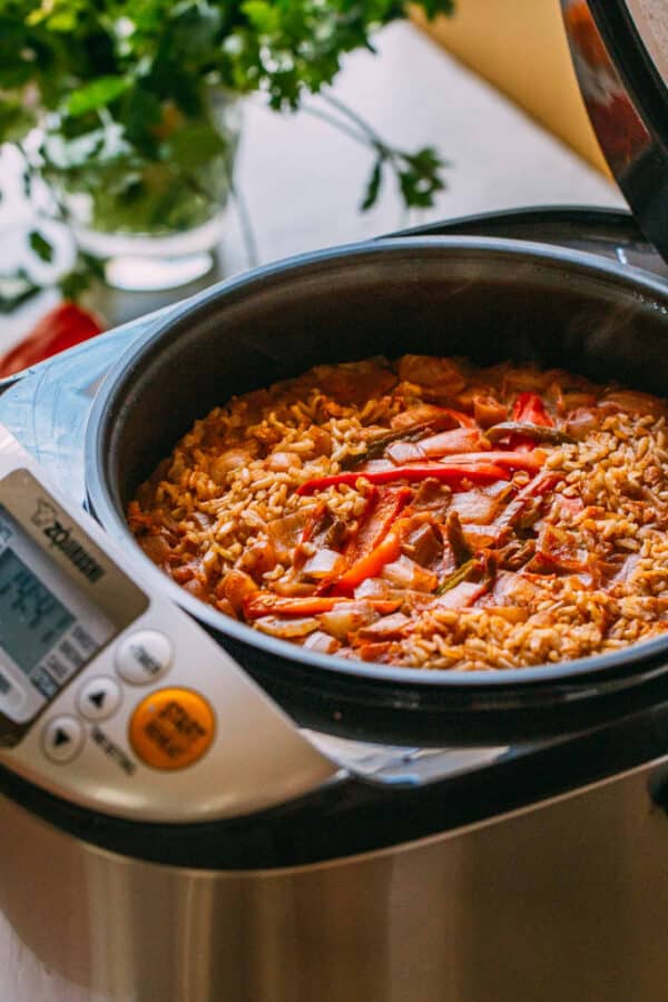 close-up of enchilada lentil rice in a rice cooker