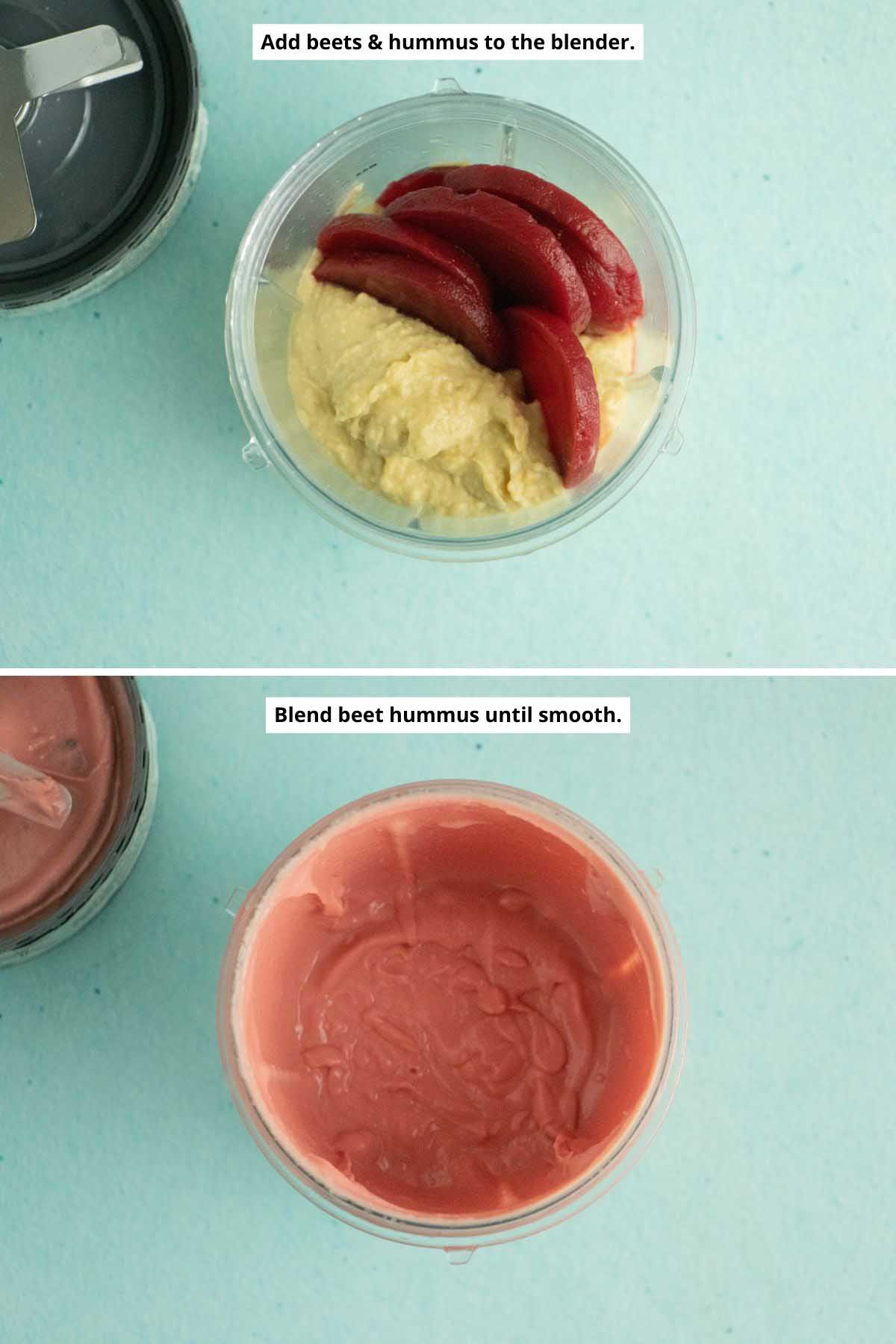 image collage showing the beet hummus ingredients in the blender before and after blending