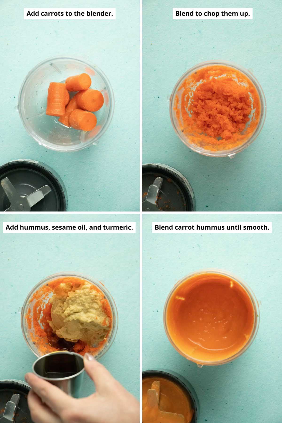 image collage showing carrots in the blender before and after blending, adding hummus and spices, and the carrot hummus after blending