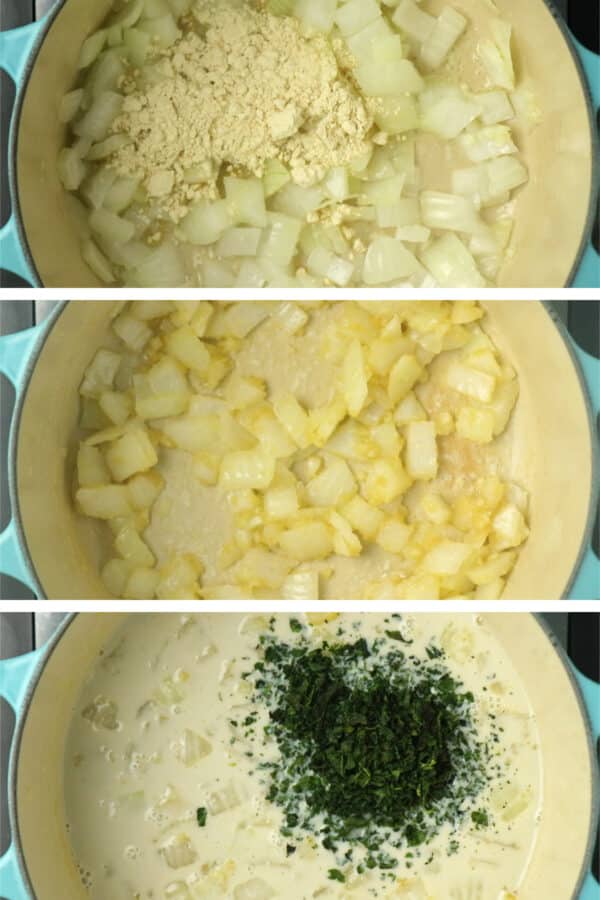image collage showing the roux and how to start the vegan bechamel sauce