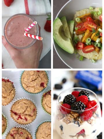 image collage of a smoothie, a grit bowl, muffins, and a vegan yogurt parfait