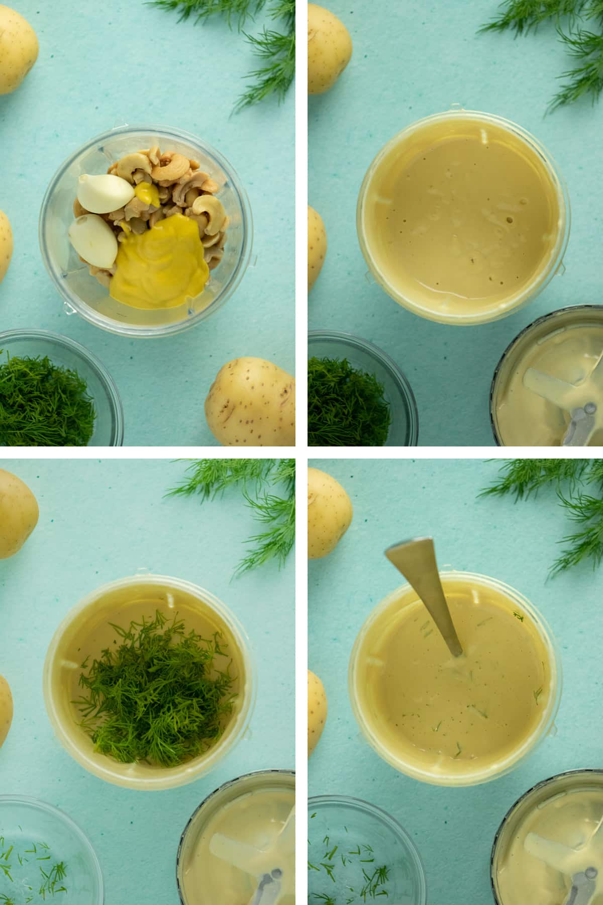 image collage of making the dilly cashew cream dressing for the potato salad