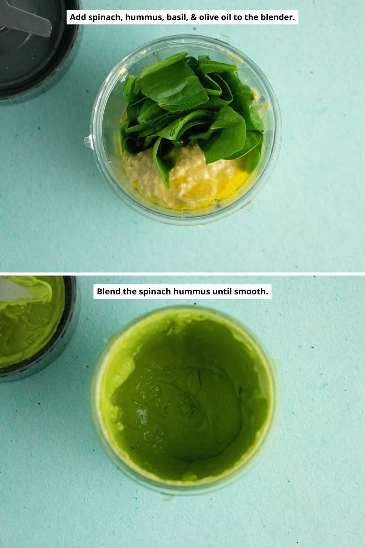 image collage showing the spinach hummus ingredients in the blender before and after blending