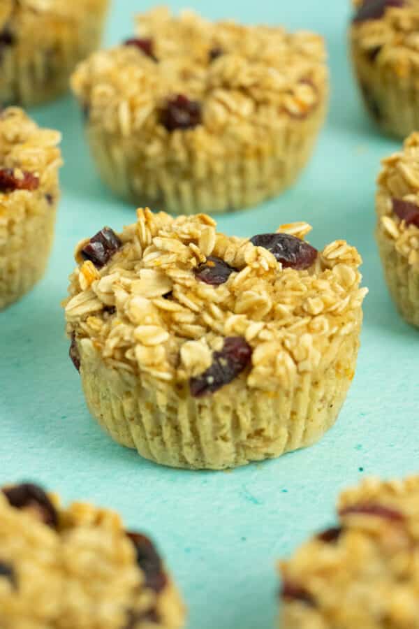 close-up of a baked oatmeal cup with dried cranberries