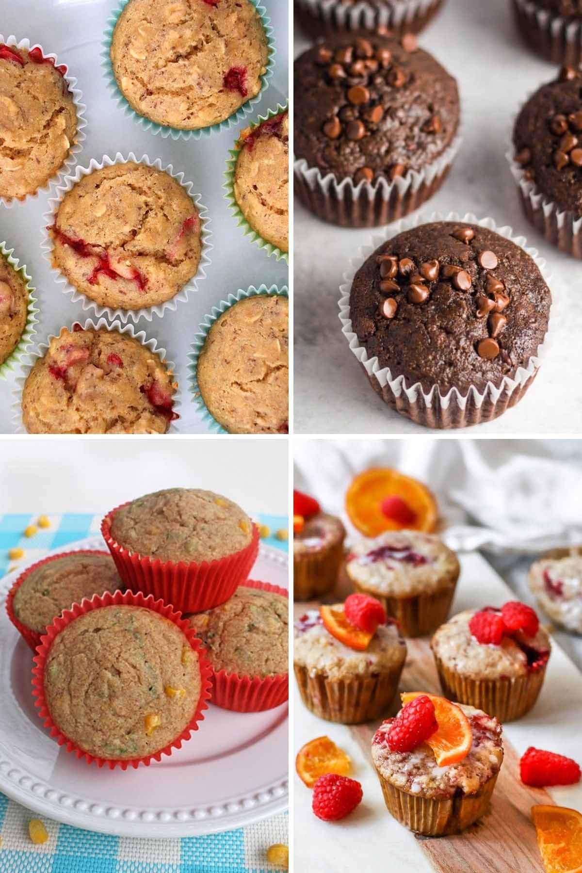image collage of vegan muffins: strawberry, chocolate, corn, and berry