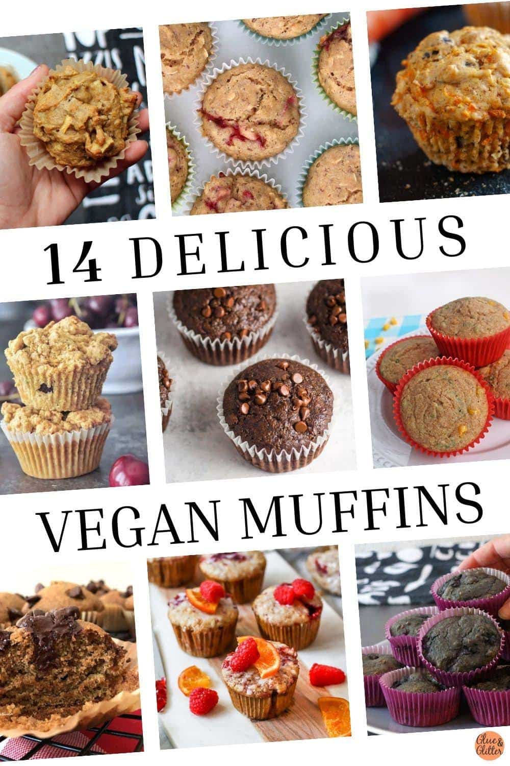 image collage of vegan muffin recipes. Text reads, "14 Delicious Vegan Muffins"