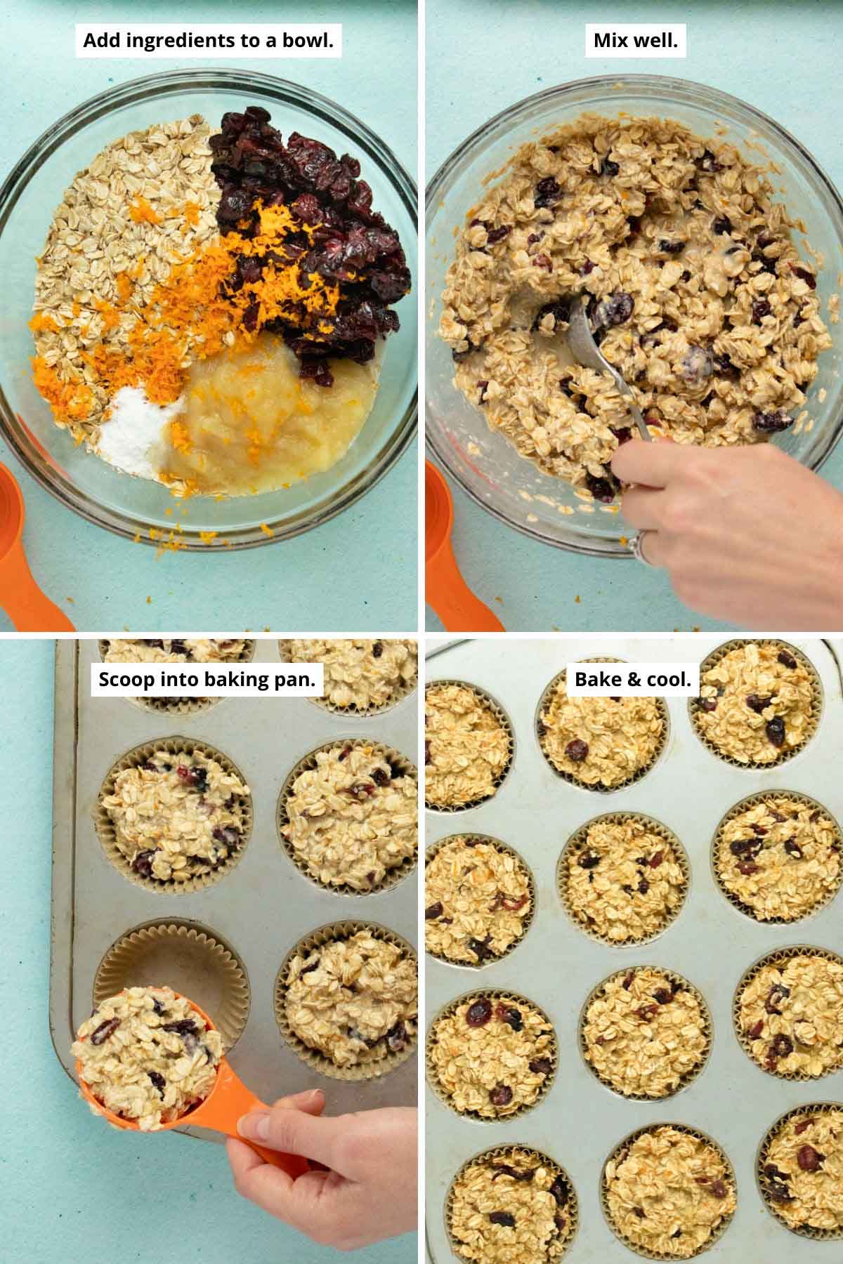 image collage showing batter ingredients before and after mixing, scooping oatmeal batter into the lined baking pan, and the vegan oatmeal cups in the pan after baking
