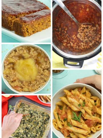 image collage of pantry recipes: vegan meatloaf, pinto beans, steel cut oatmeal, spinach dip, and pasta