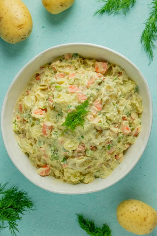 serving bowl of vegan potato salad