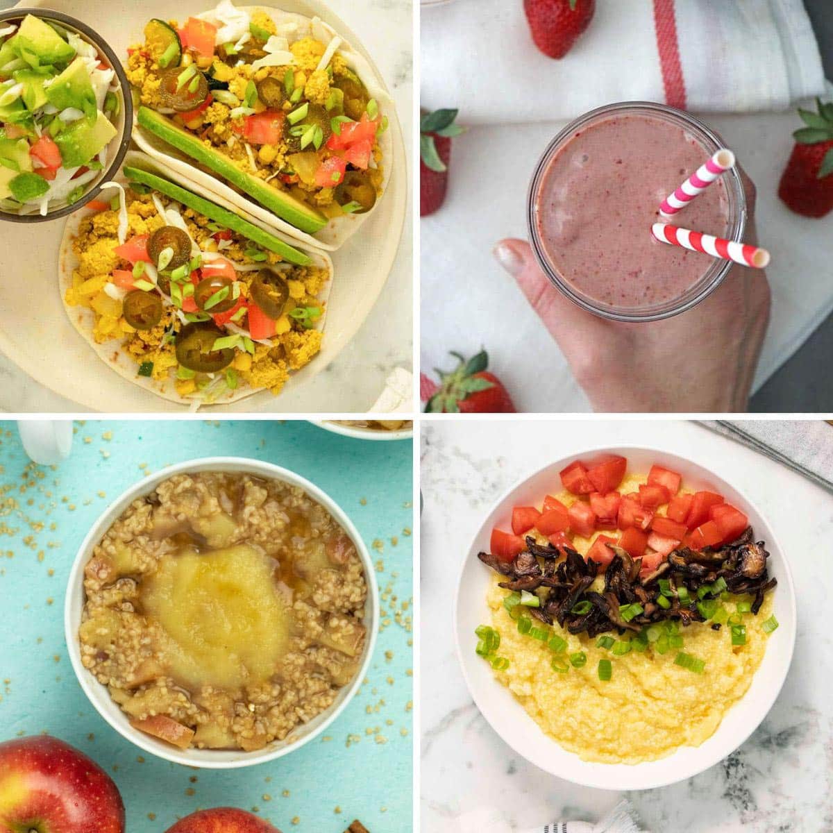 image collage of ideas for what vegans eat for breakfast: breakfast tacos, smoothie, steel cut oats, grits