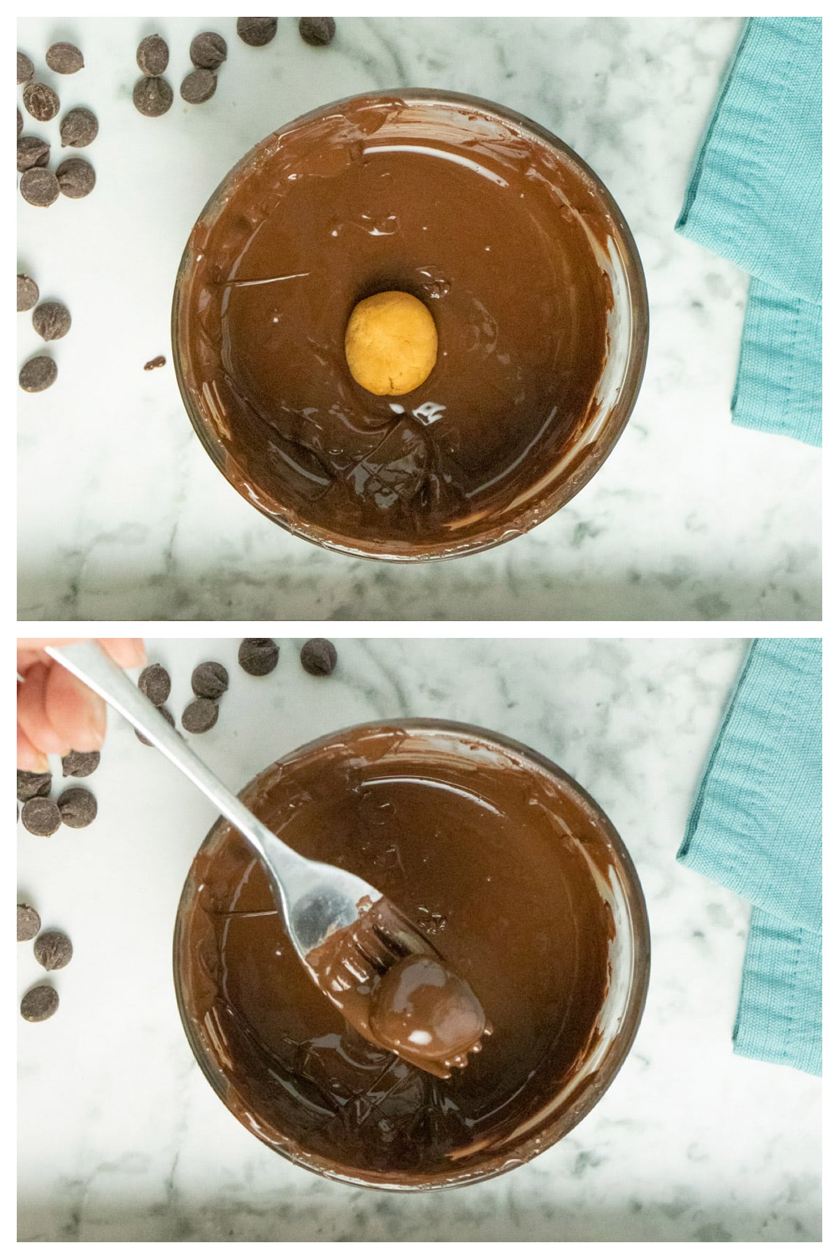 image collage showing a ball of peanut butter dough in a bowl of melted chocolate and that ball coated in chocolate with a fork