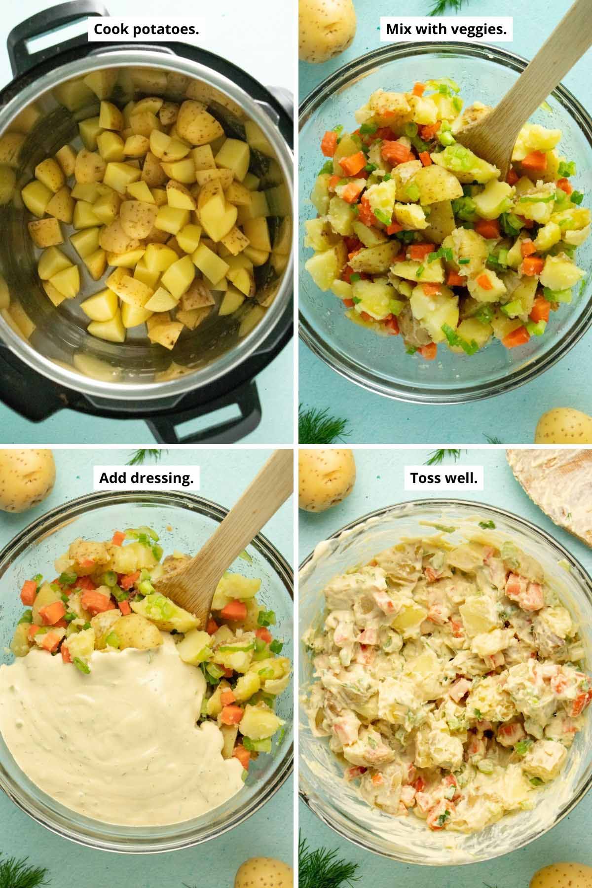 image collage showing cooked potato pieces in the Instant Pot, the potatoes and veggies mixed up in the bowl, adding the dill dressing, and the creamy vegan potato salad after mixing together