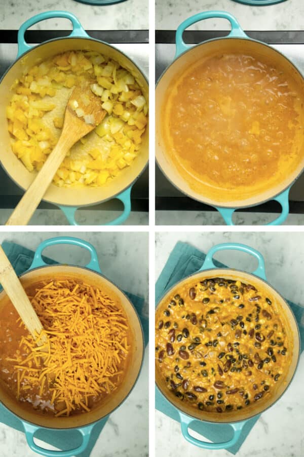 image collage showing sauteed vegetables, bubbly cream sauce, adding shredded cheese, then adding the beans to the pot