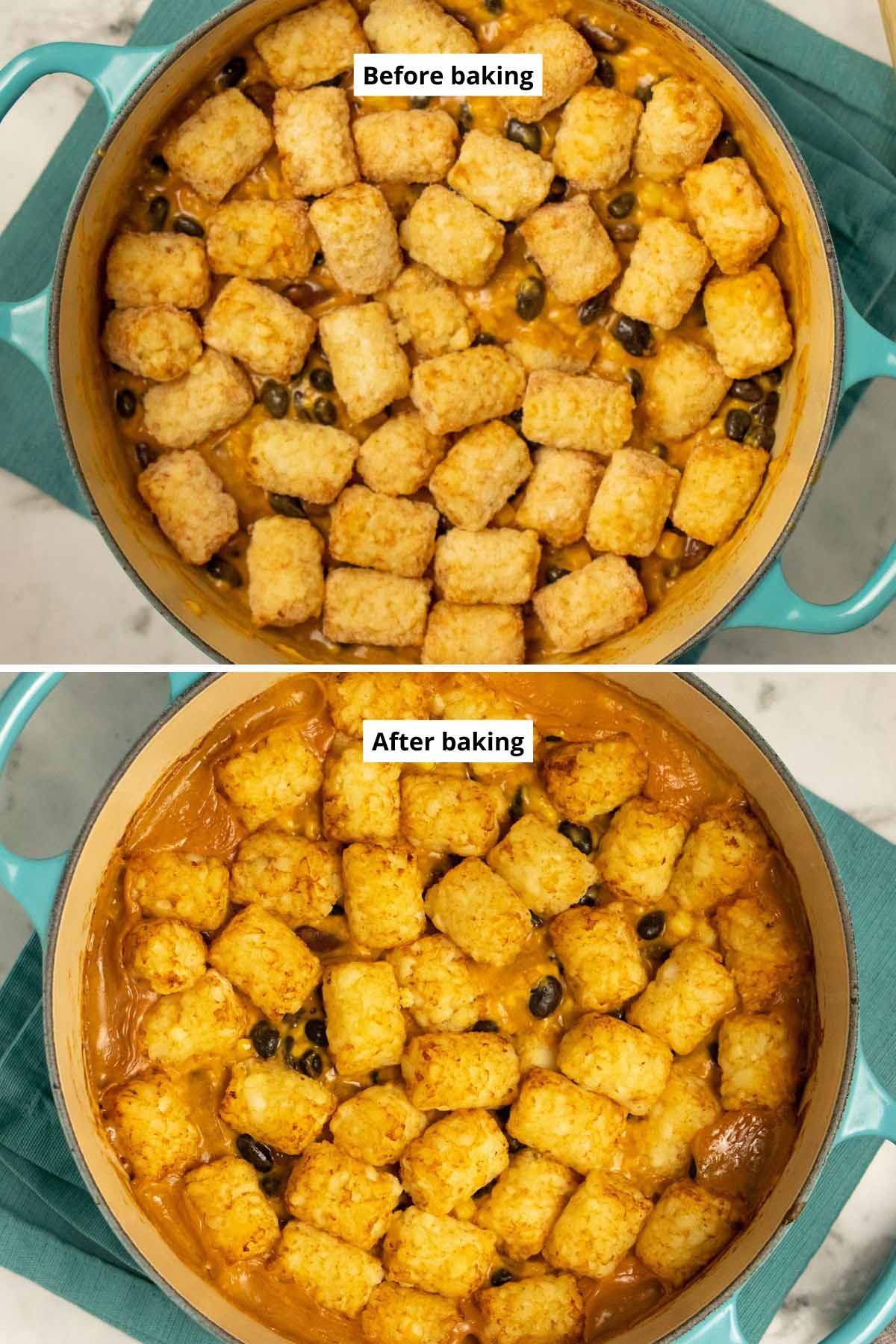 image collage showing tater tot casserole in a Dutch oven before and after baking