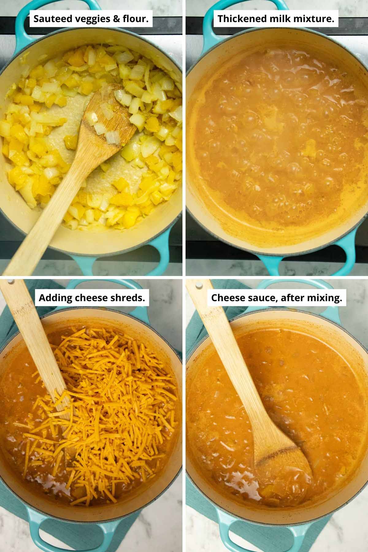 image collage showing the sautéed veggies and flour, the thickened milk mixture, adding the cheese to the sauce, and the cheese sauce after stirring in the cheese