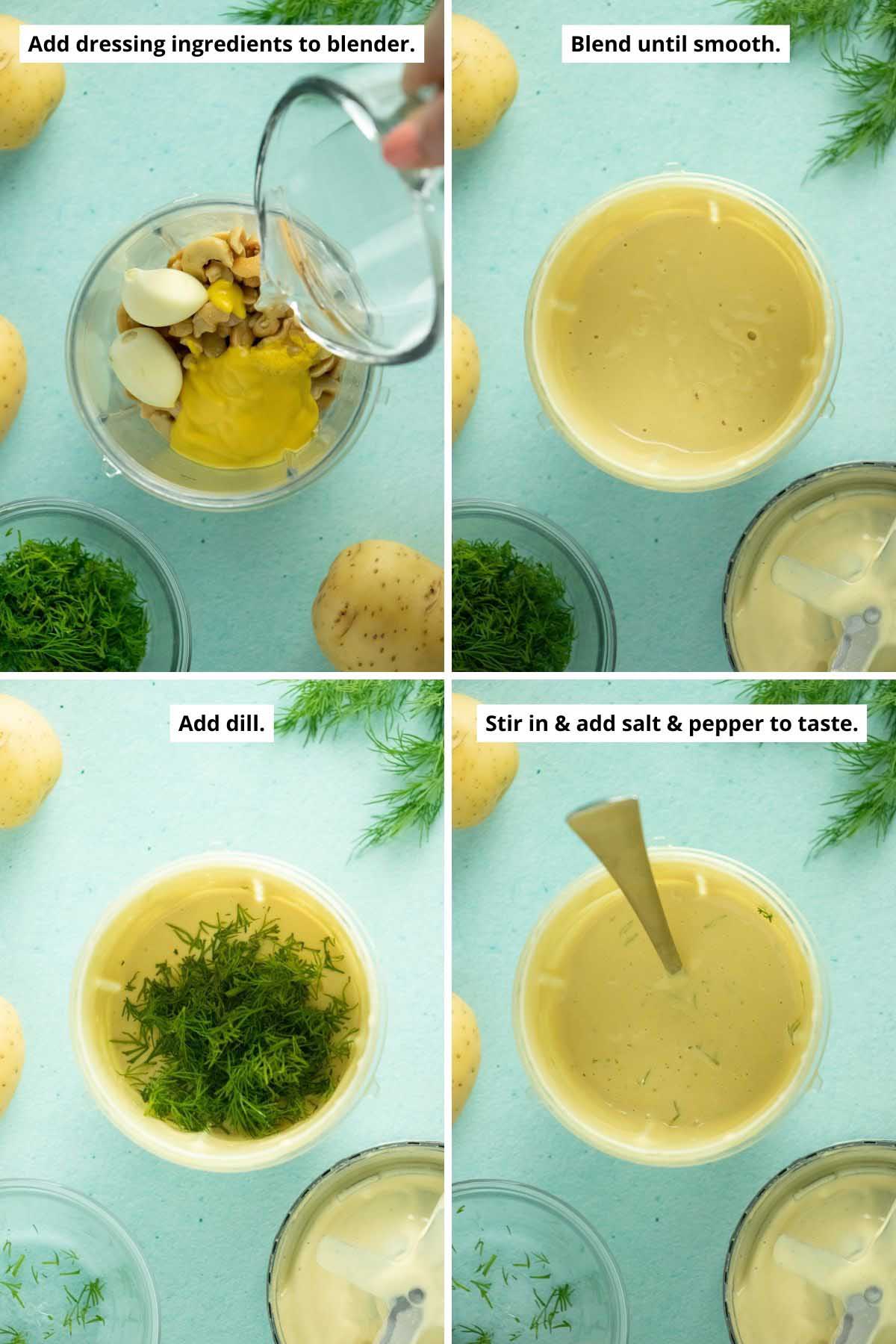 image collage showing cashew dressing ingredients before and after blending, adding the dill to the dressing, and the dressing after stirring in the dill