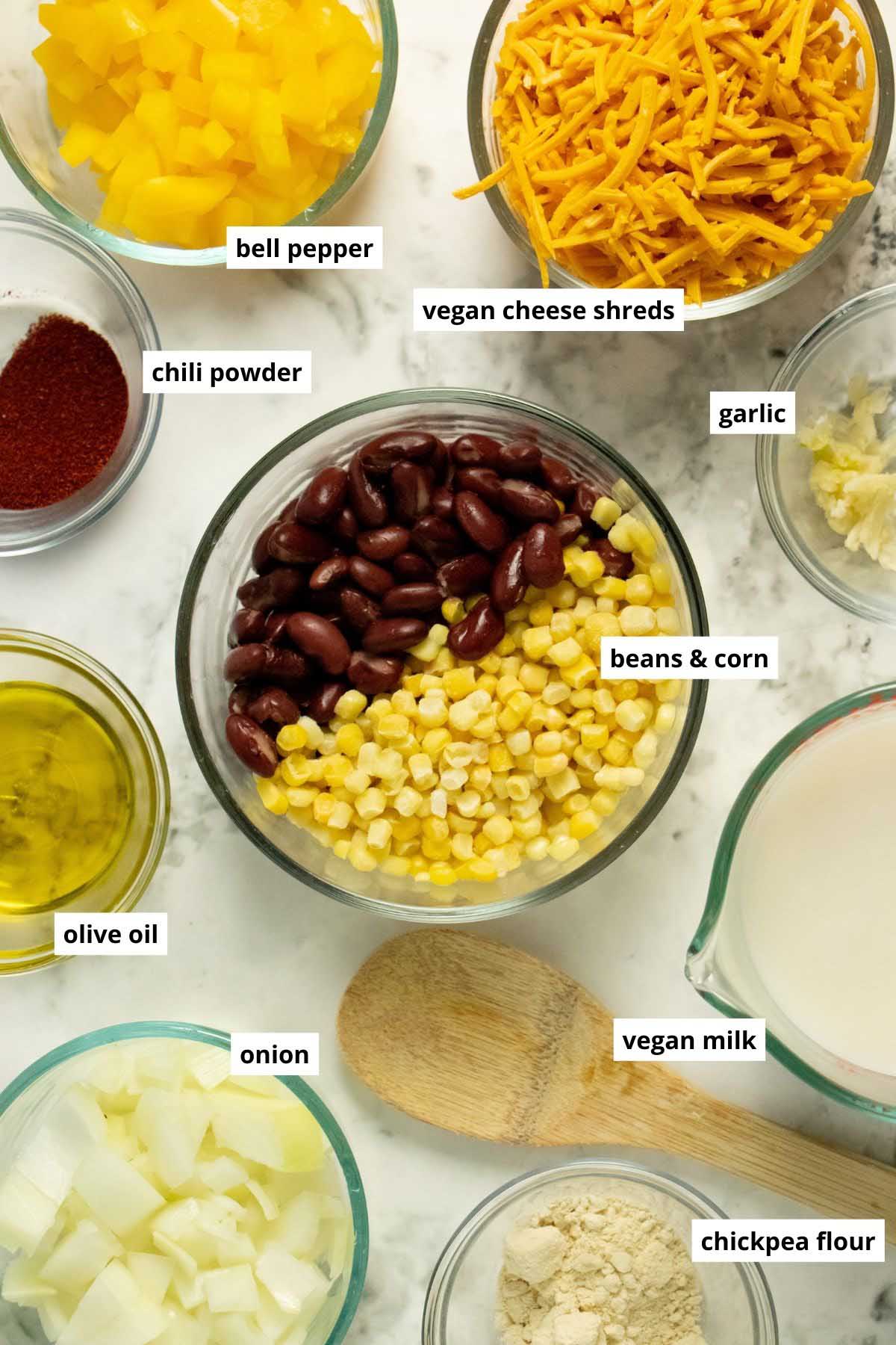 image collage of beans and corn and other hotdish ingredients in bowls on a white table