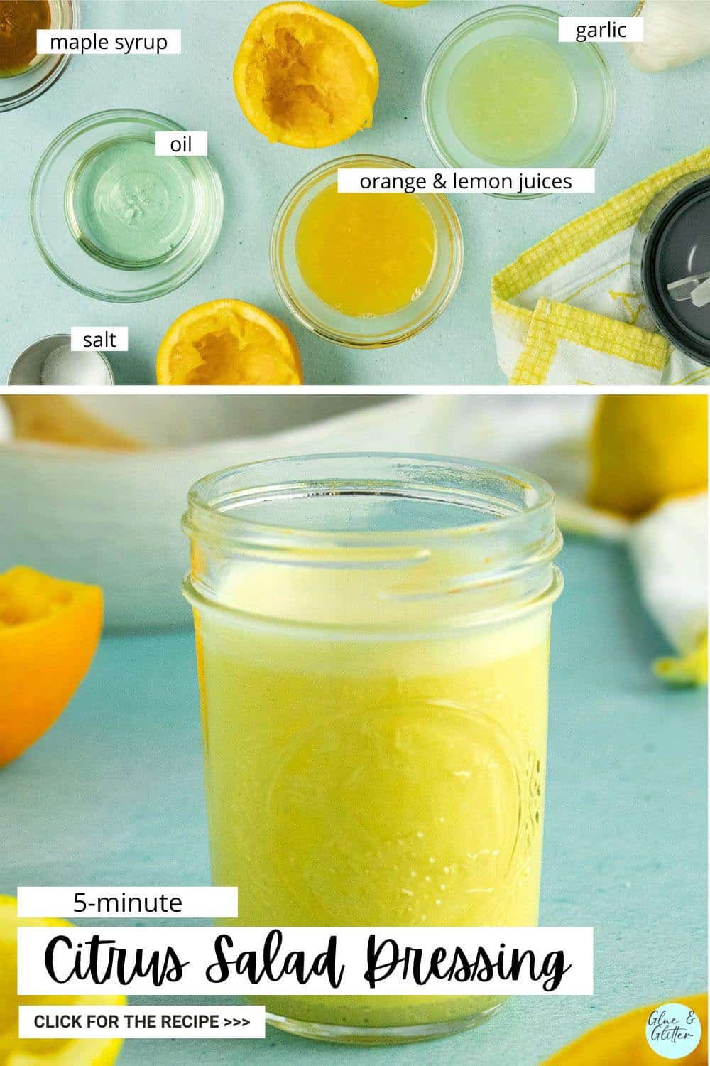 image collage showing labeled dressing ingredients and mason jar of citrus dressing on a blue table next to a salad bowl and halved lemons and oranges