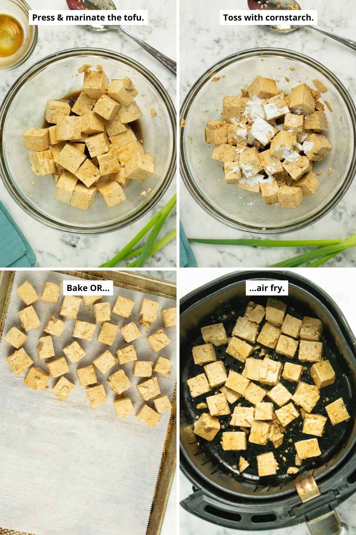 image collage showing the marinated tofu before and after adding cornstarch and the tofu on a baking sheet and in an air fryer basket