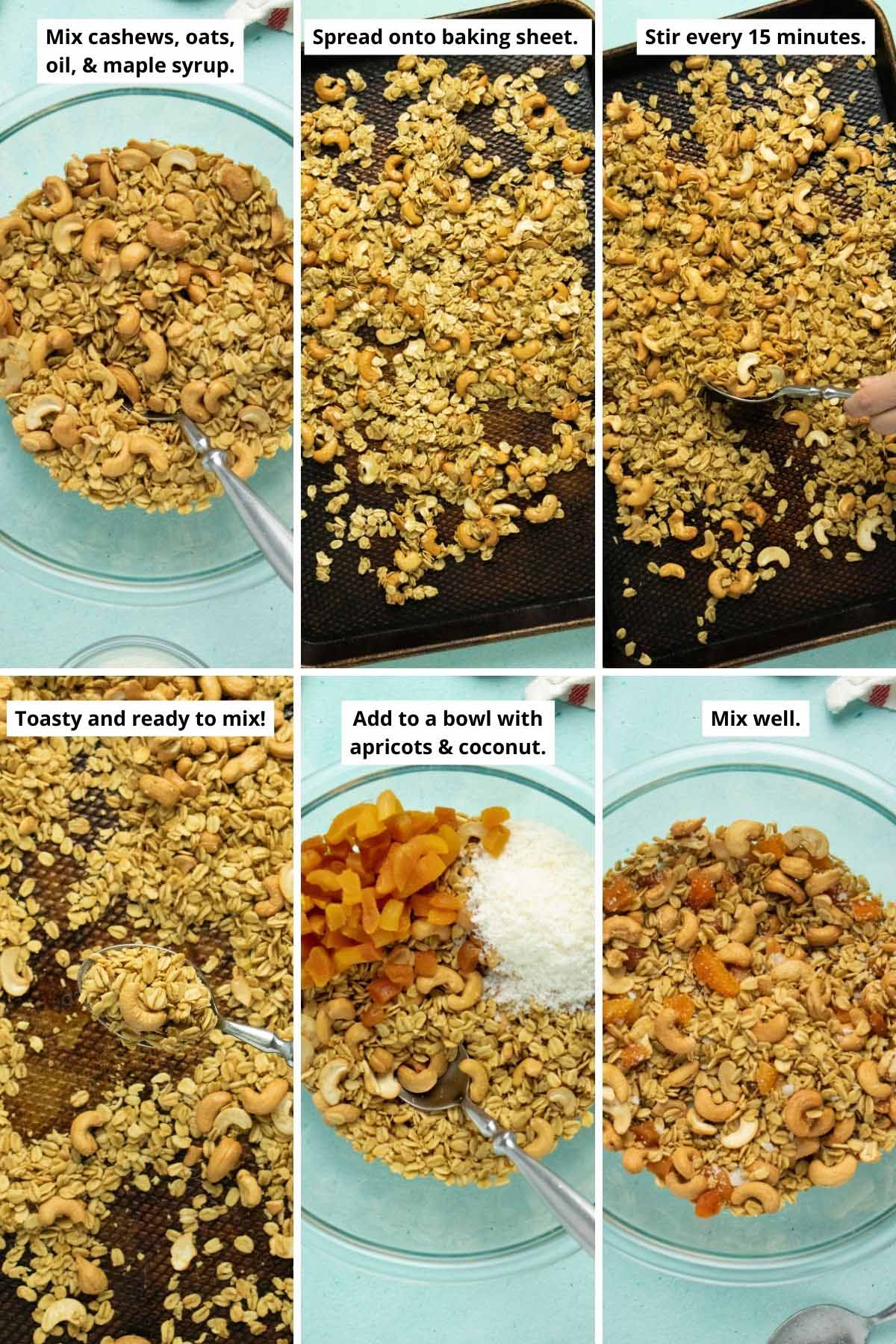 image collage showing making the toasted ginger oats and cashews and tossing them with the apricots and coconut