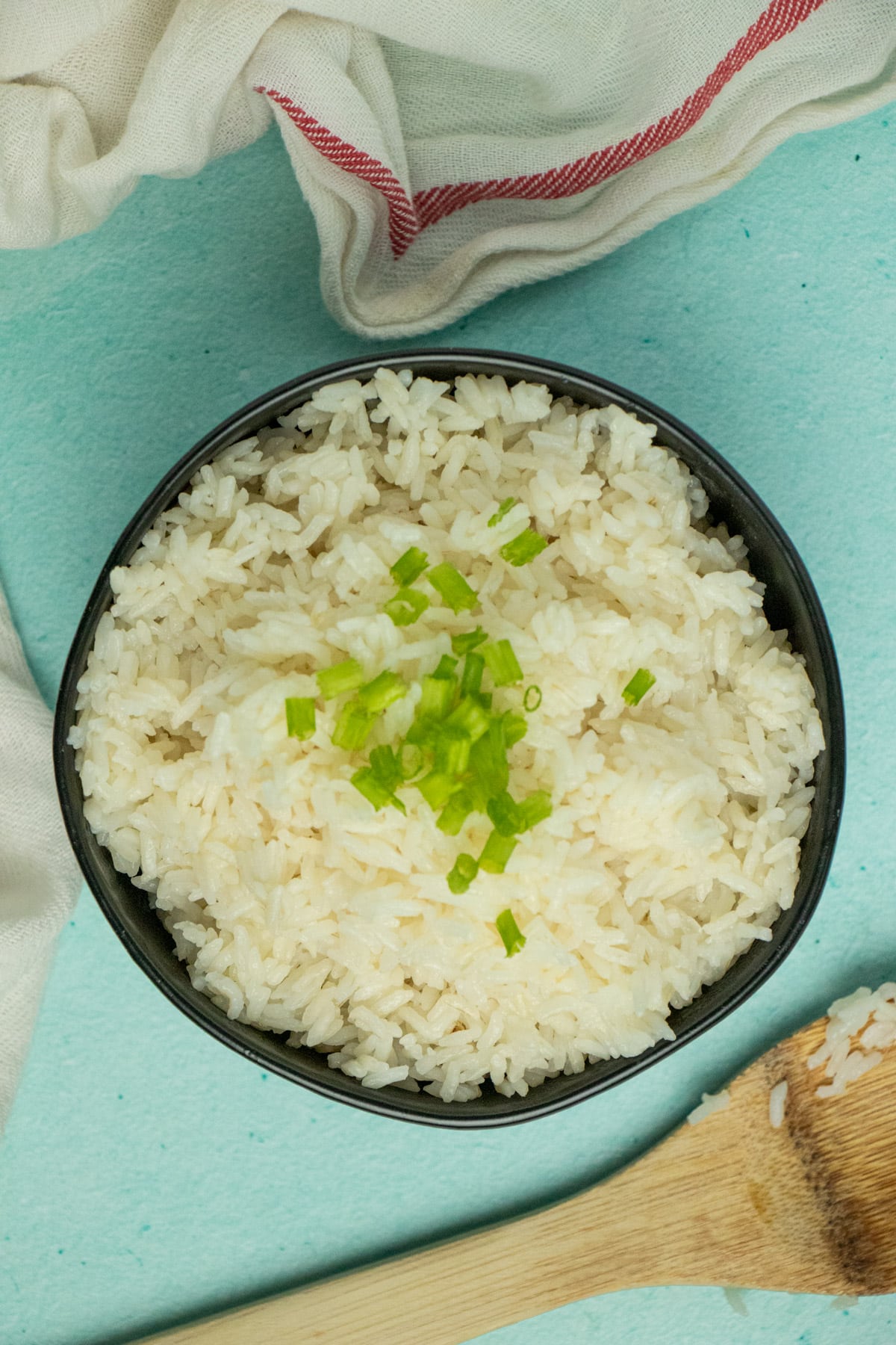 overhead photo of a bowl of sushi rice with chopped green onion for garnish