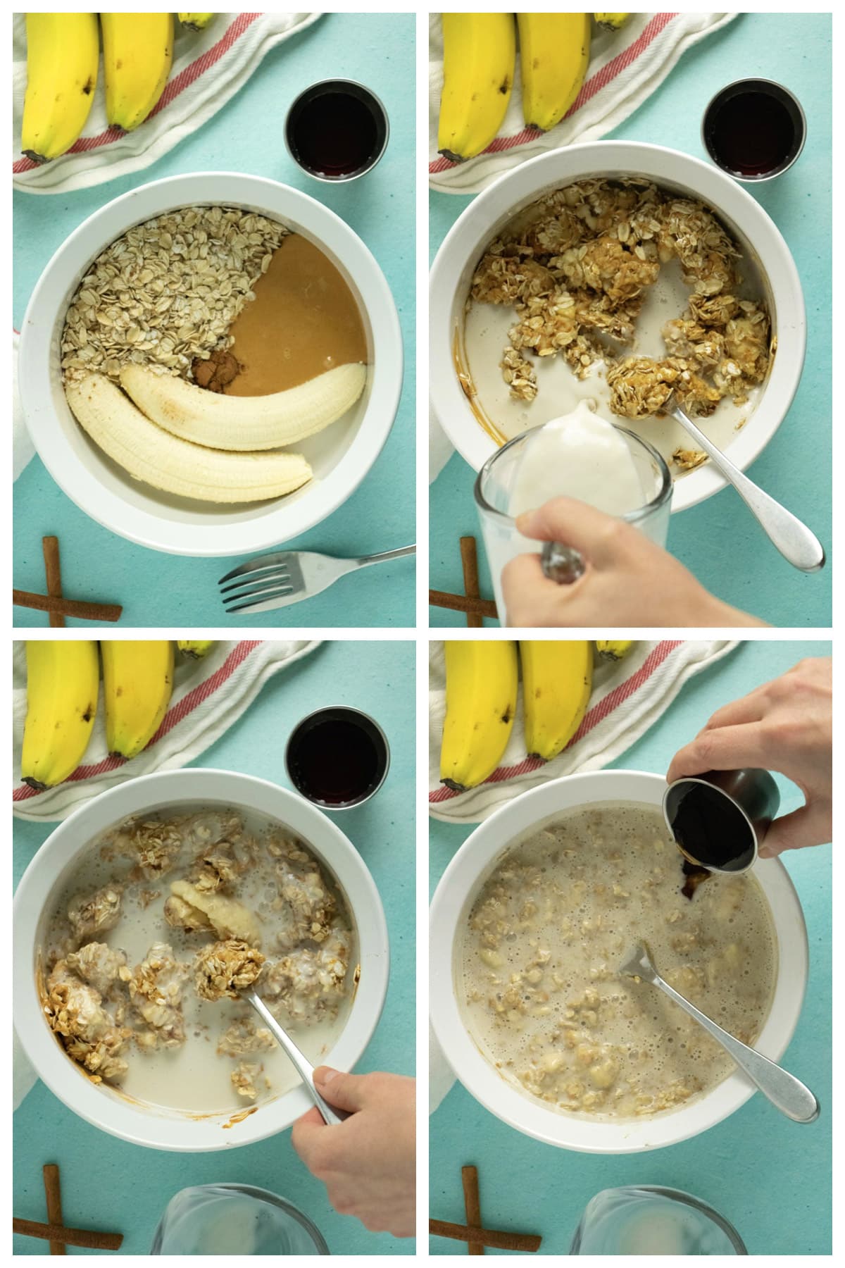 image collage showing the process of mashing the overnight oats ingredients in the mixing bowl