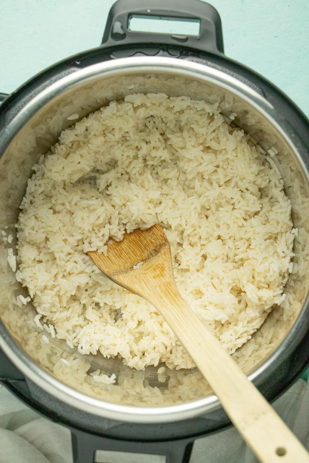 overhead photo of sushi rice in an Instant Pot after cooking