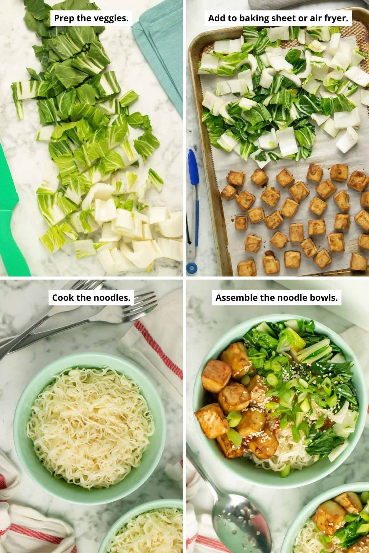 image collage showing the chopped bok choy on a cutting board and added to the baking sheet with the tofu, the bowl of cooked noodles, and the assembled crispy tofu bowl