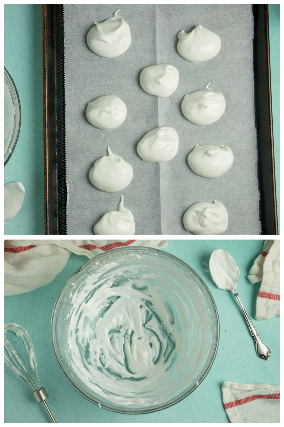 image collage showing unbaked meringues on a lined baking sheet and the messy bowl after spooning out all of the batter