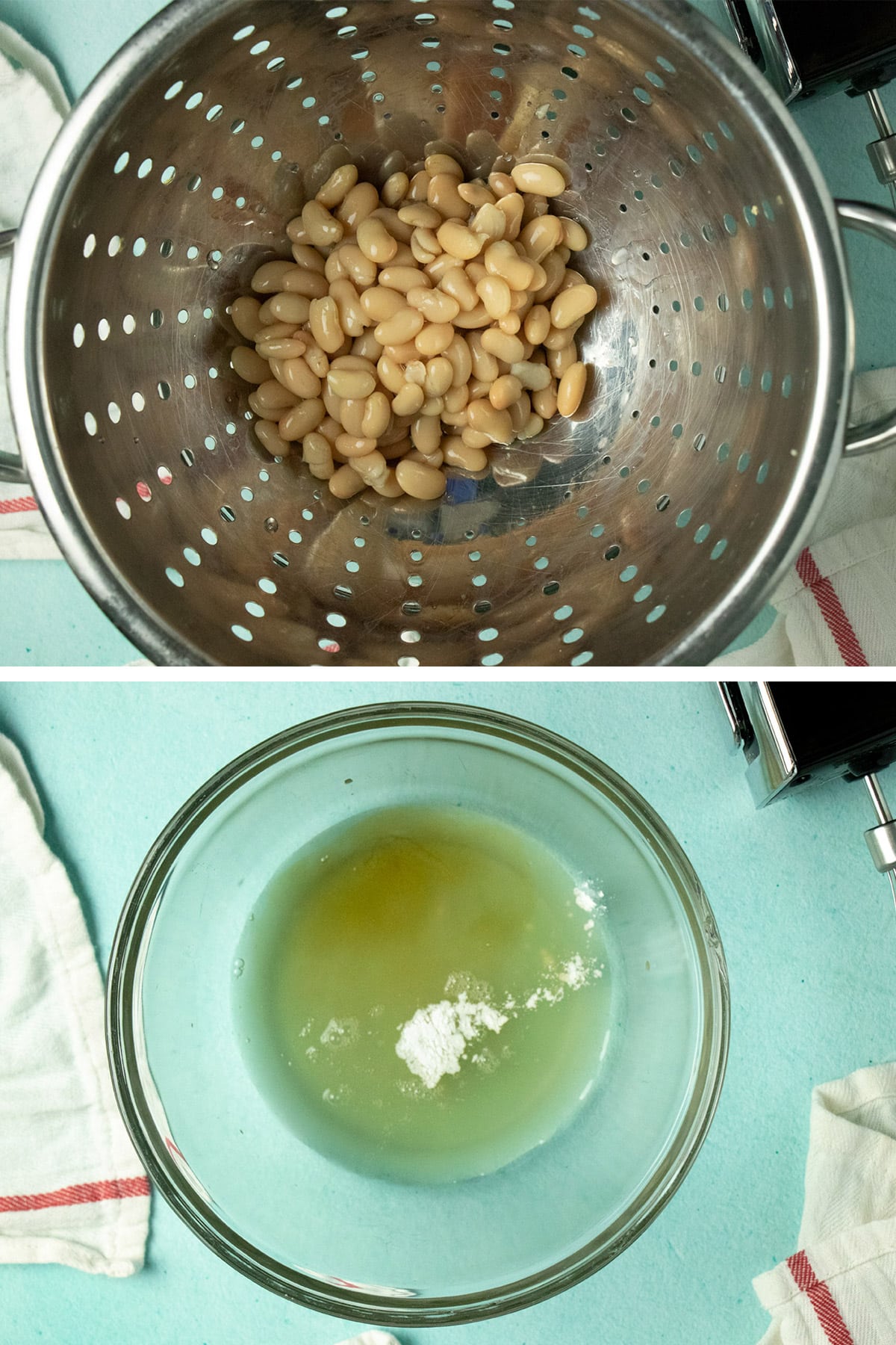 image collage showing white beans in a colander and the liquid from the can in a mixing bowl with cream of tartar and vanilla extract added