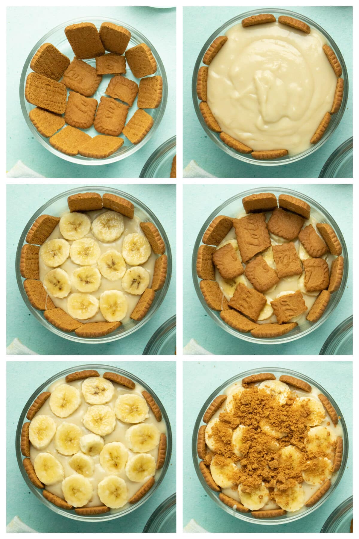image collage showing: cookies lining the bowl, pudding layered on, banana slices layered on top, cookies layered on top, more bananas, and crumbled Biscoff cookies topping off the pudding