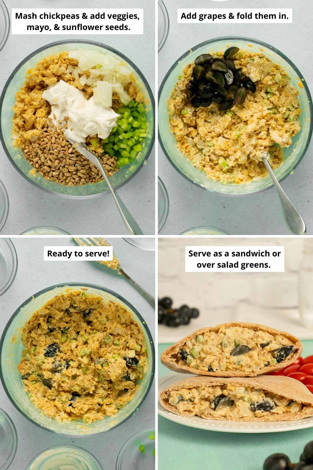 image collage showing how to make mashed chickpea salad with grapes